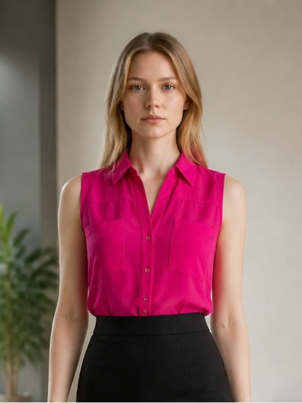 Express Sleeveless Button-Front Blouse in Fuchsia